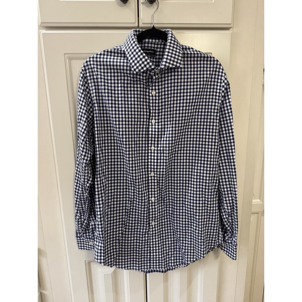 Esquire Performance Slim Fit Gingham‎ Check Button Down Shirt Mens 16.5 Blue